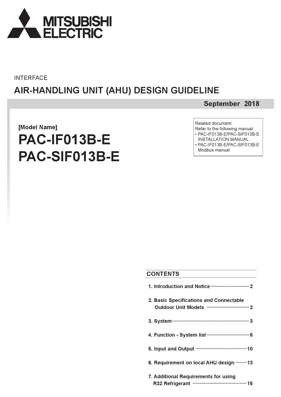 MITSUBISHI ELECTRIC PAC-IF013B-E AIR HANDLER INSTALLATION MANUAL ...