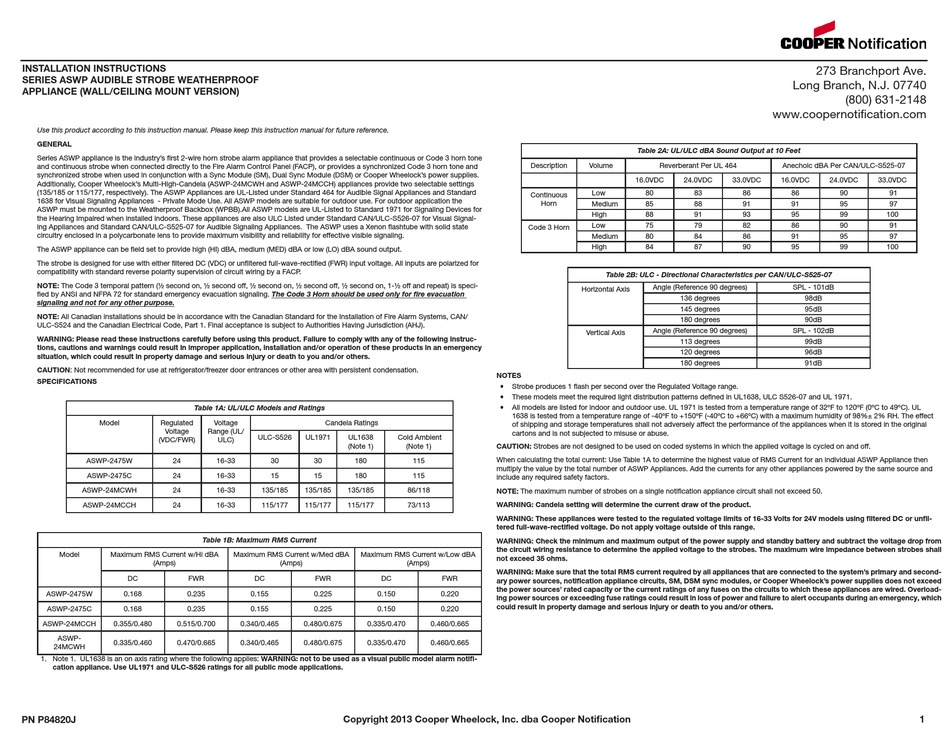 COOPER ASWP SERIES SMOKE ALARM INSTALLATION INSTRUCTIONS | ManualsLib