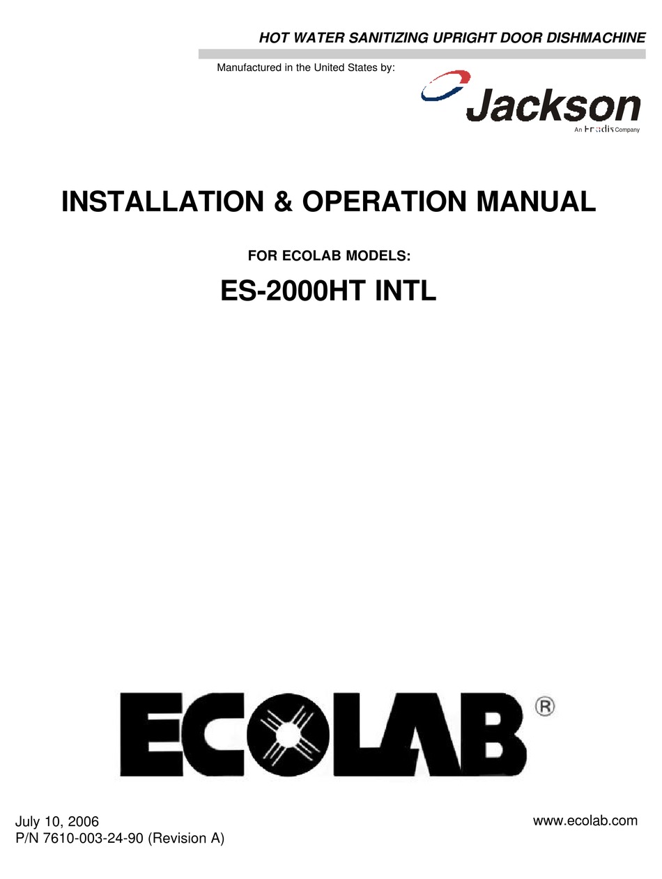 ECOLAB ES2000HT INTL DISHWASHER INSTALLATION & OPERATION MANUAL