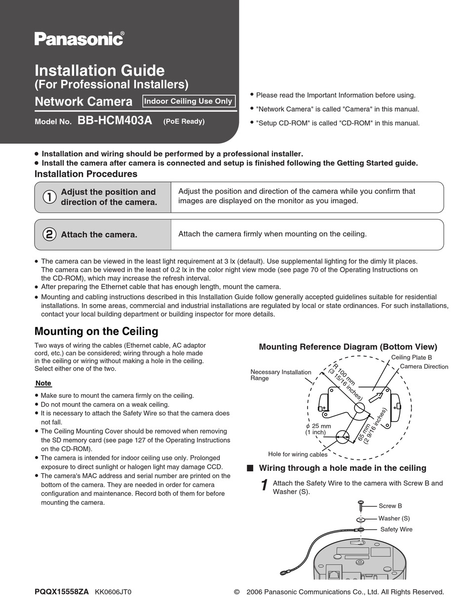 PANASONIC BB-HCM403A SECURITY CAMERA INSTALLATION MANUAL | ManualsLib