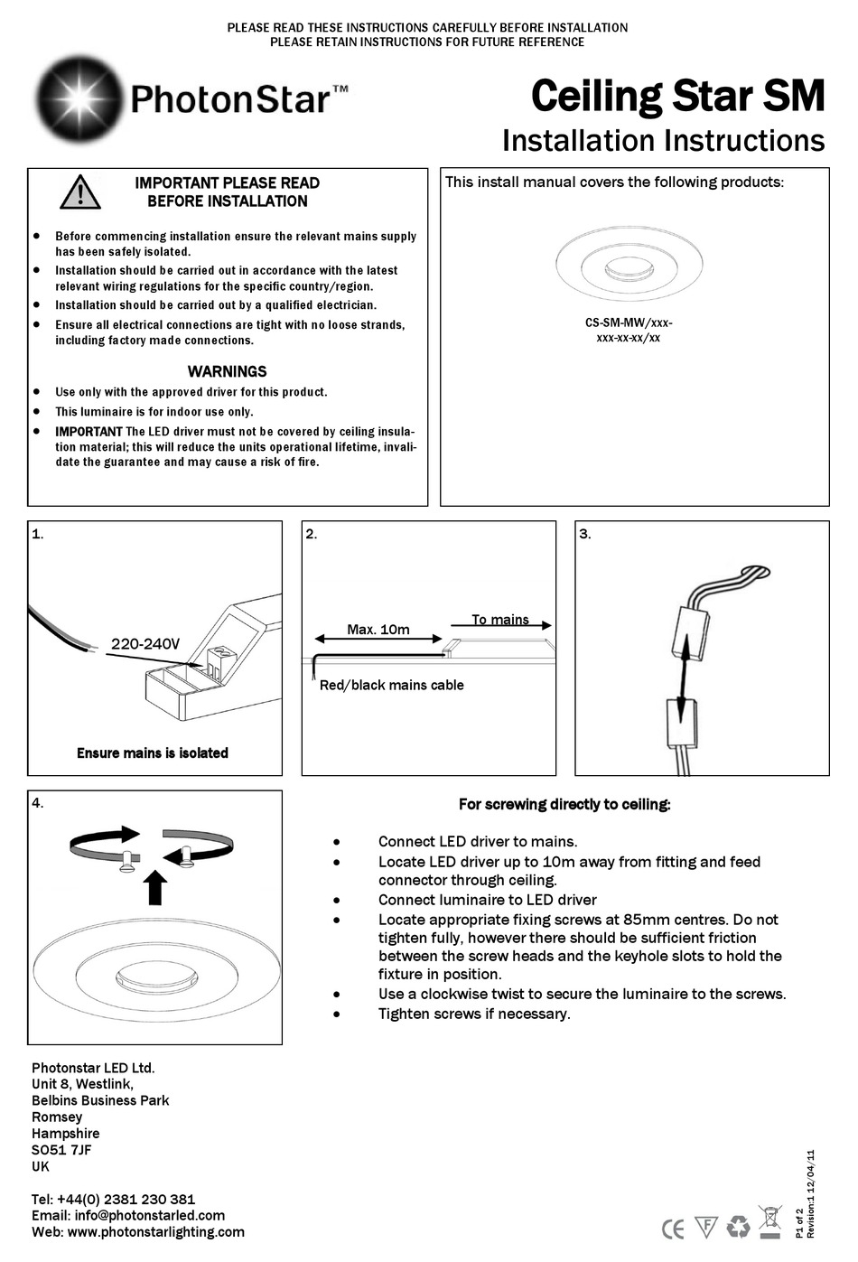 PHOTONSTAR CEILING STAR SM LIGHT FIXTURE INSTALLATION INSTRUCTIONS