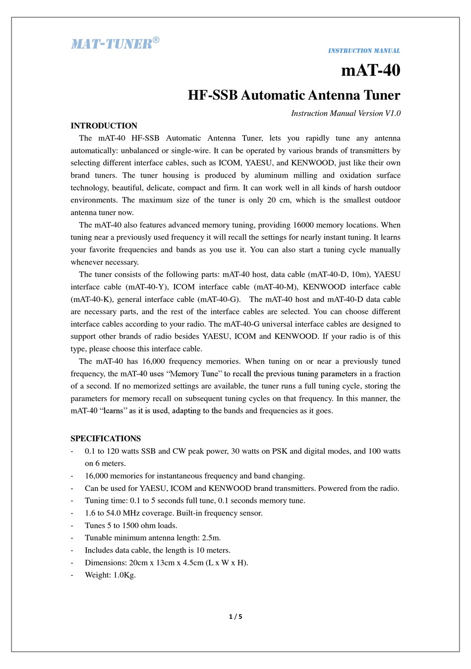 MATTUNER MAT40 TUNER INSTRUCTION MANUAL ManualsLib