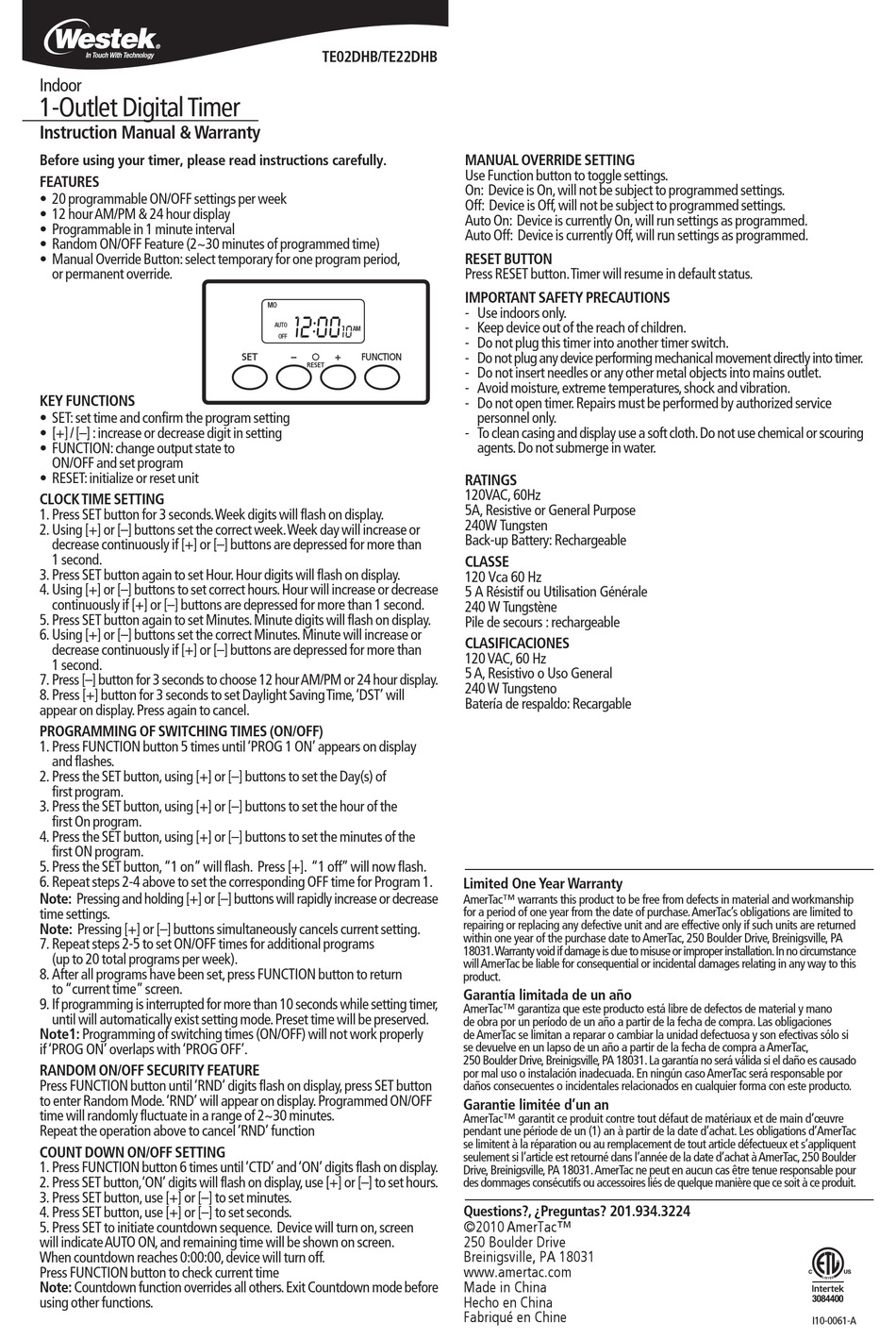 Westek Te02dhb Instruction Manual Warranty Pdf Download Manualslib