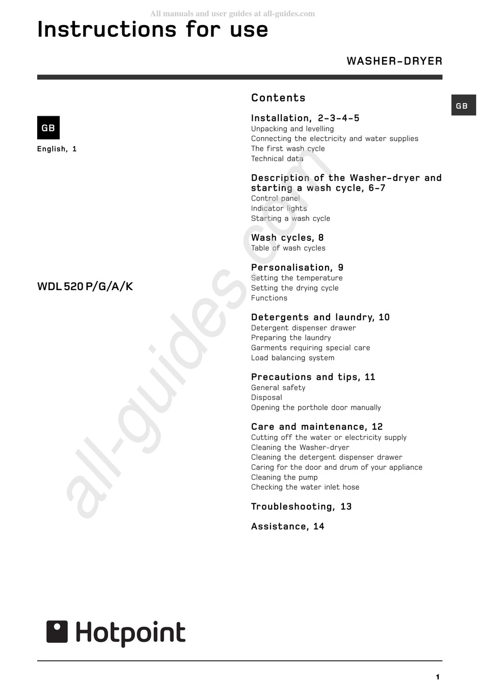 HOTPOINT WDL 520P WASHER/DRYER INSTRUCTIONS FOR USE MANUAL ManualsLib