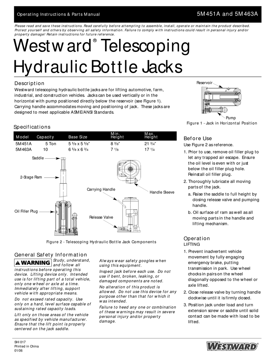 WESTWARD 5M451A JACK OPERATING INSTRUCTIONS & PARTS MANUAL ManualsLib