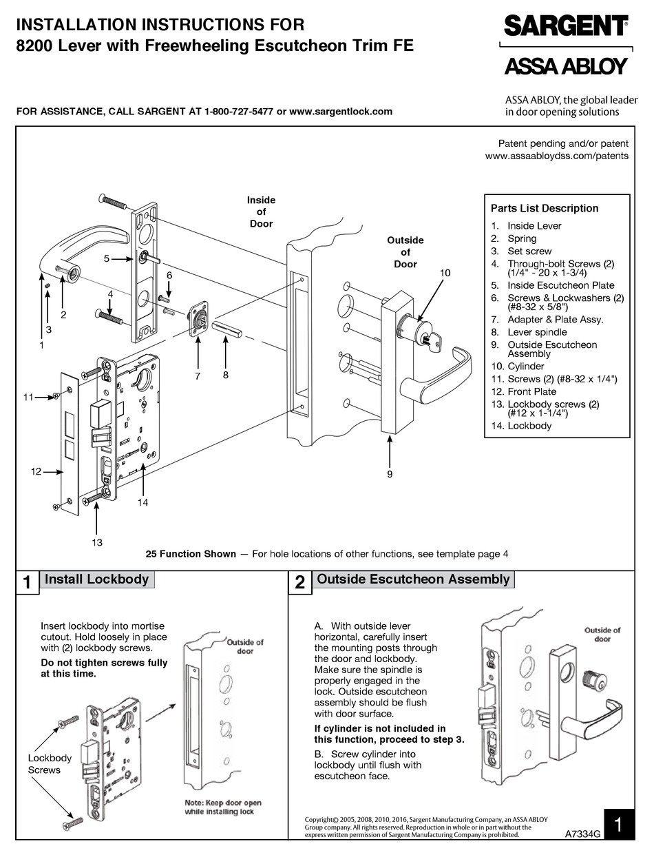 SARGENT 8200 DOOR LOCK INSTALLATION INSTRUCTIONS ManualsLib