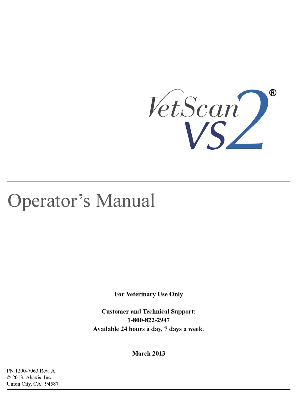 ABAXIS VETSCAN VS2 SCANNER OPERATOR