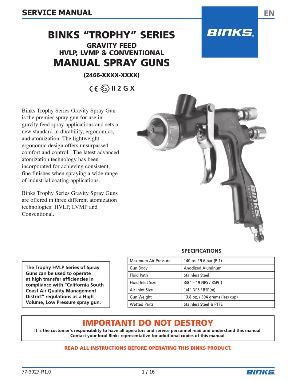 BINKS TROPHY 2466 SERIES PAINT SPRAYER SERVICE MANUAL ManualsLib