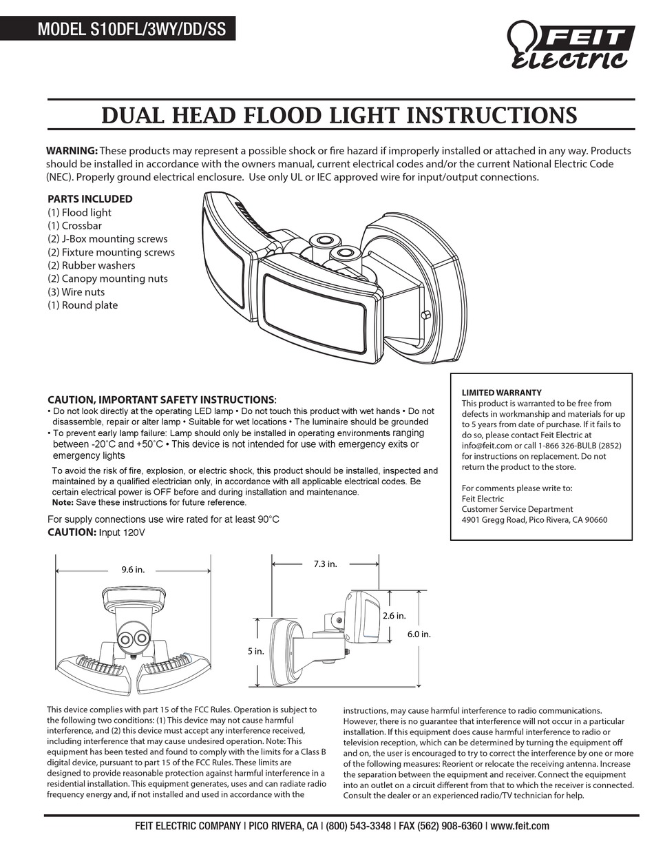 FEIT ELECTRIC S10DFL/3WY/DD/SS FLOOD LIGHT INSTRUCTION MANUAL ManualsLib