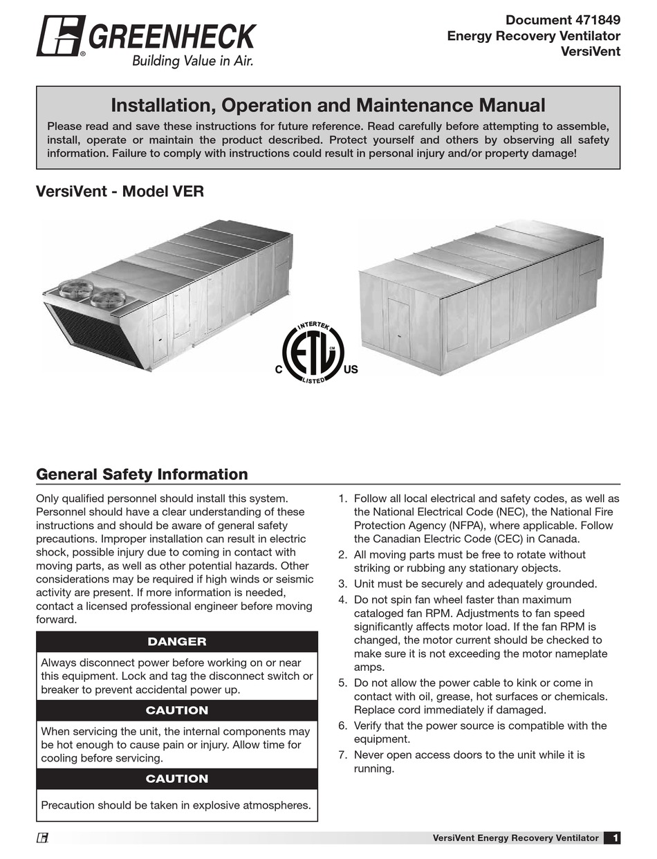 GREENHECK VERSIVENT VER-45 FAN INSTALLATION, OPERATION AND MAINTENANCE ...