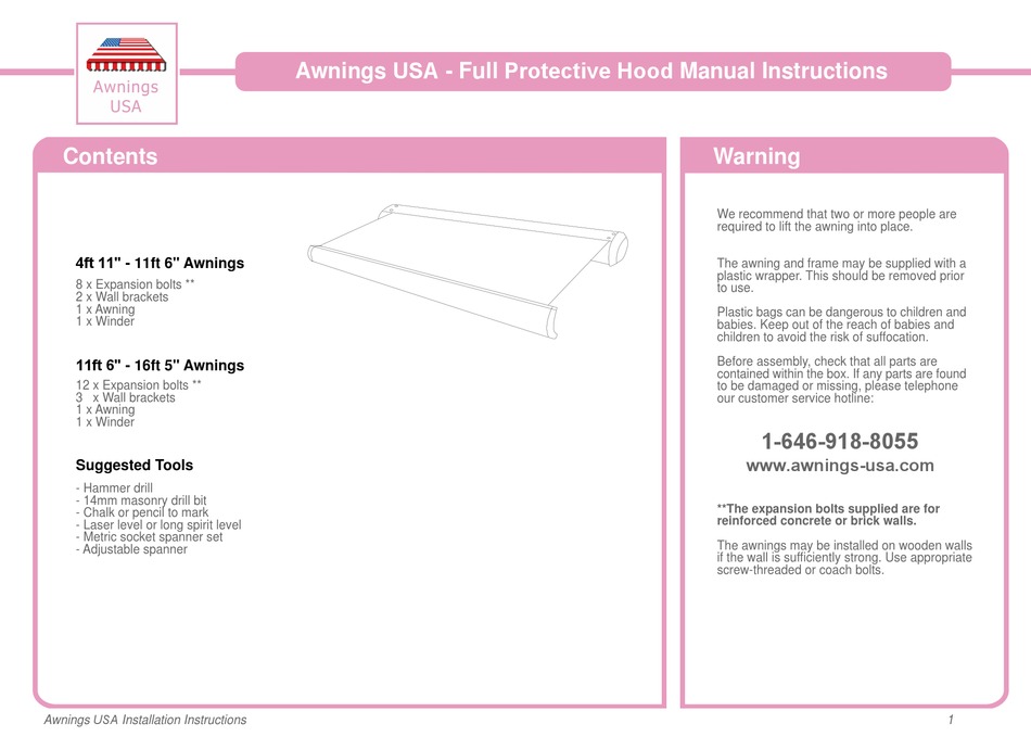 AWNINGS USA 4FT 11" 11FT 6" AWNING VENTILATION HOOD MANUAL