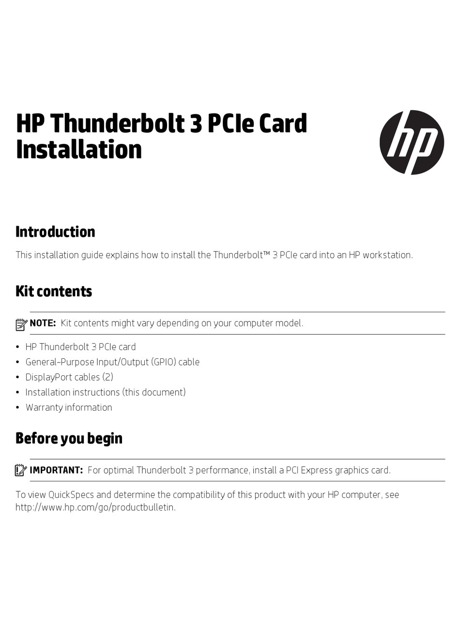 HP THUNDERBOLT 3 PCI CARD INSTALLATION MANUAL | ManualsLib