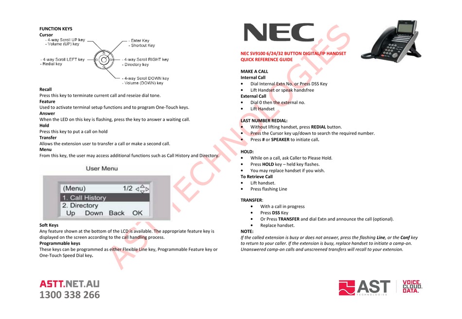 NEC SV9100 TELEPHONE SYSTEM QUICK REFERENCE MANUAL | ManuaLib