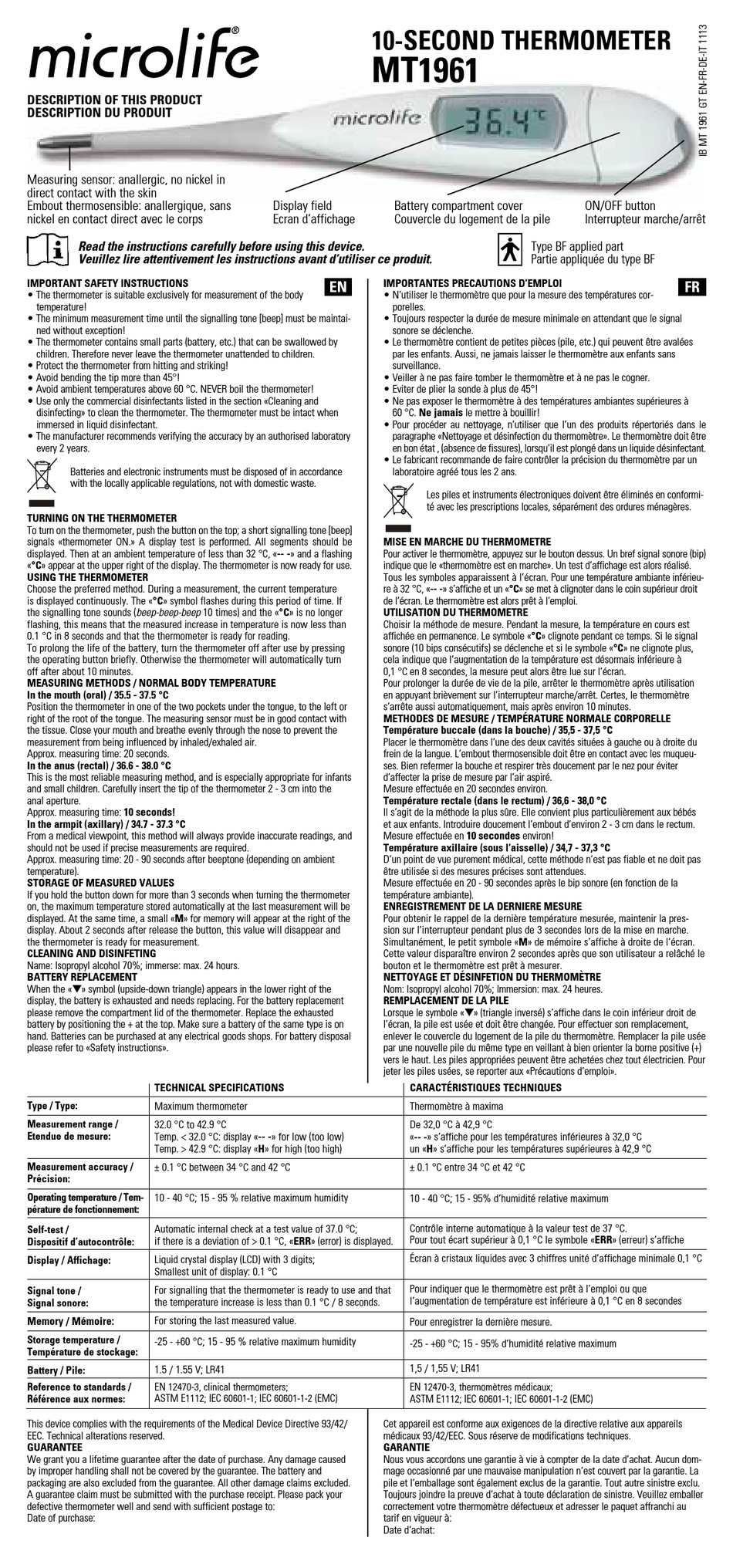 MICROLIFE MT1961 THERMOMETER MANUAL ManualsLib