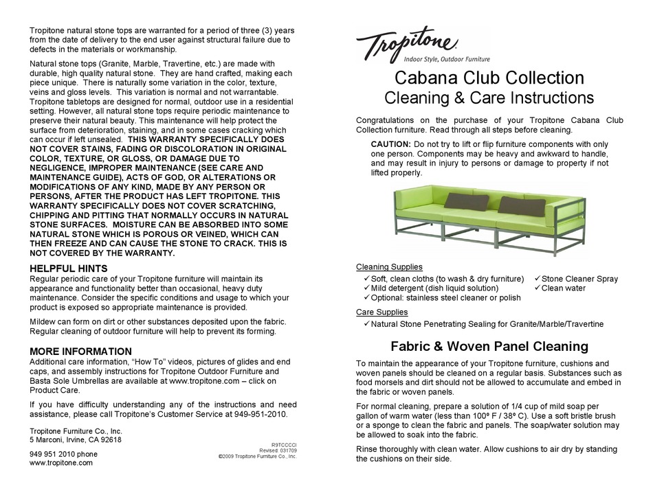 TROPITONE CABANA CLUB COLLECTION INDOOR FURNISHING CLEANING AND CARE