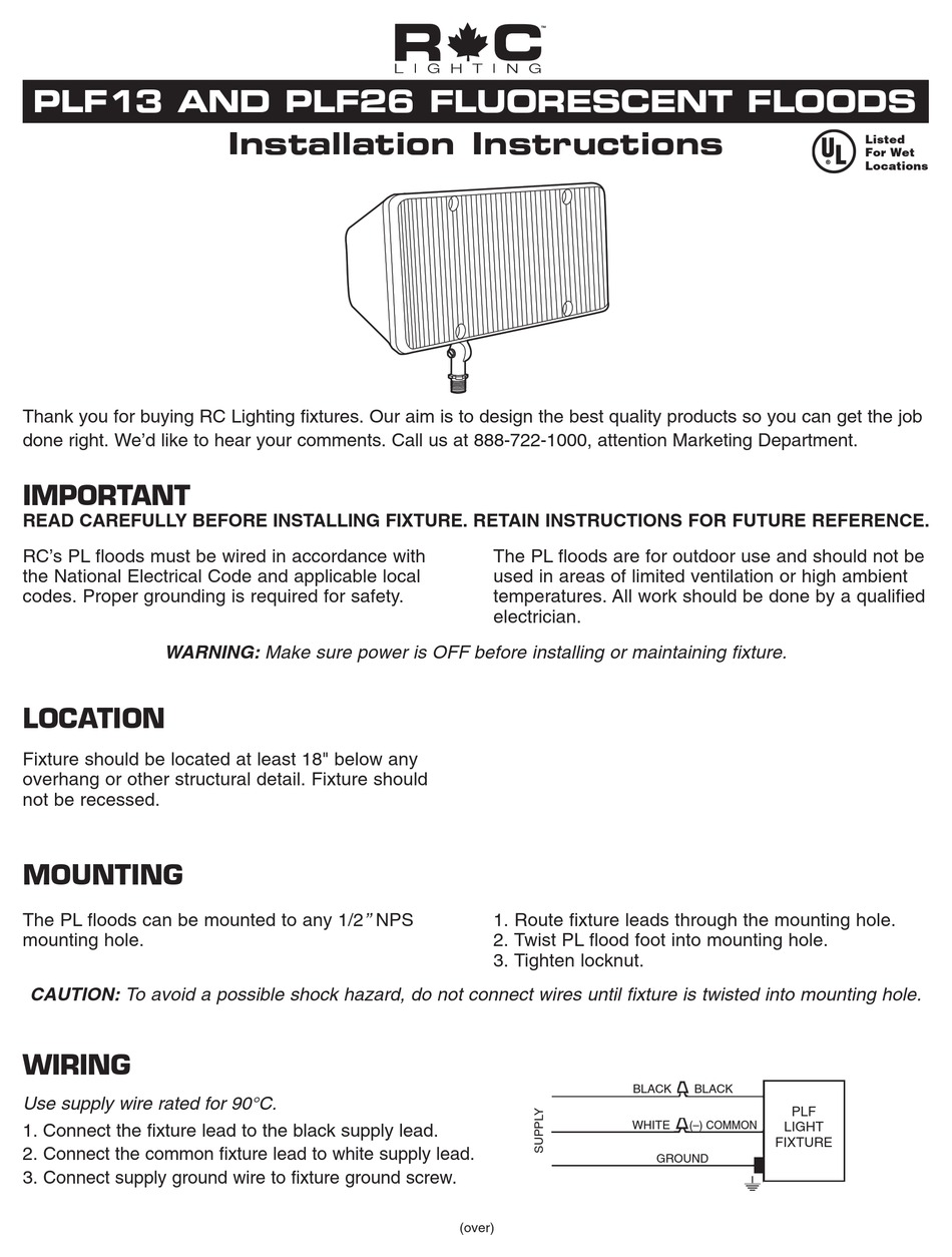RC LIGHTING PLF13 LIGHT FIXTURE INSTALLATION INSTRUCTIONS ManualsLib