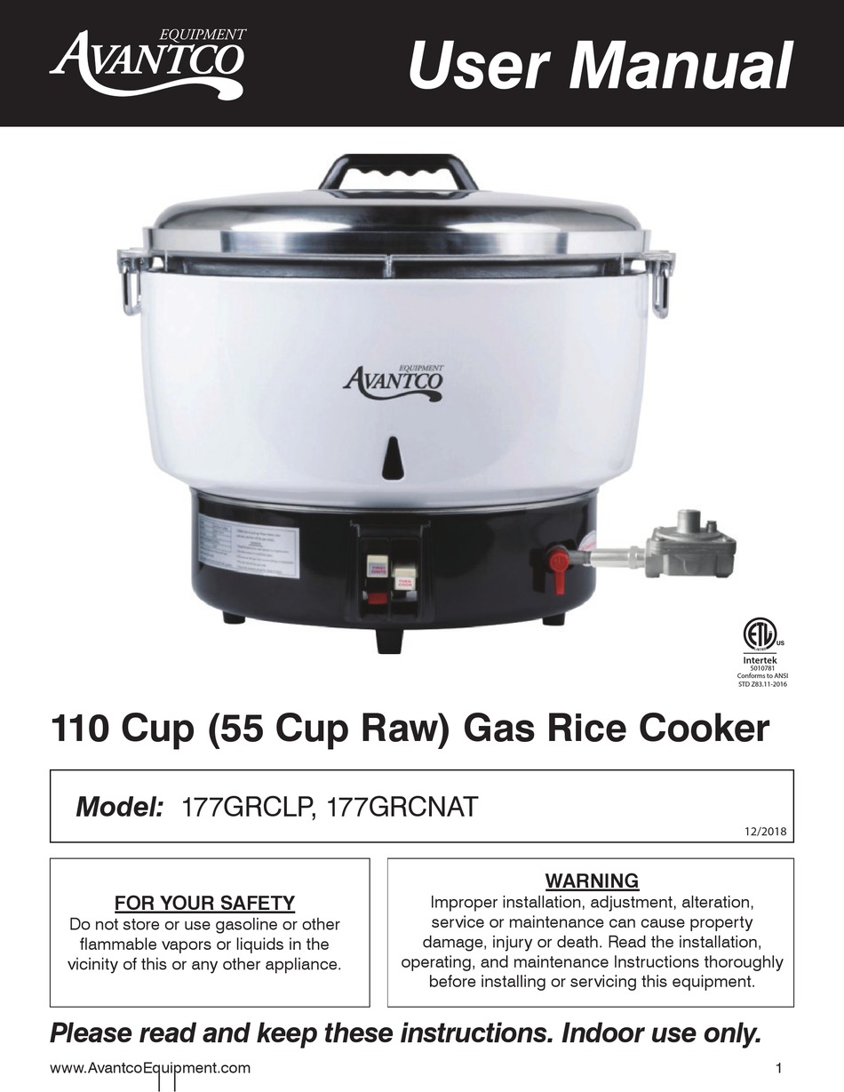 Avantco GRCNAT Natural Gas 110 Cup (55 Cup Raw) Gas Rice Cooker - 14,000 BTU