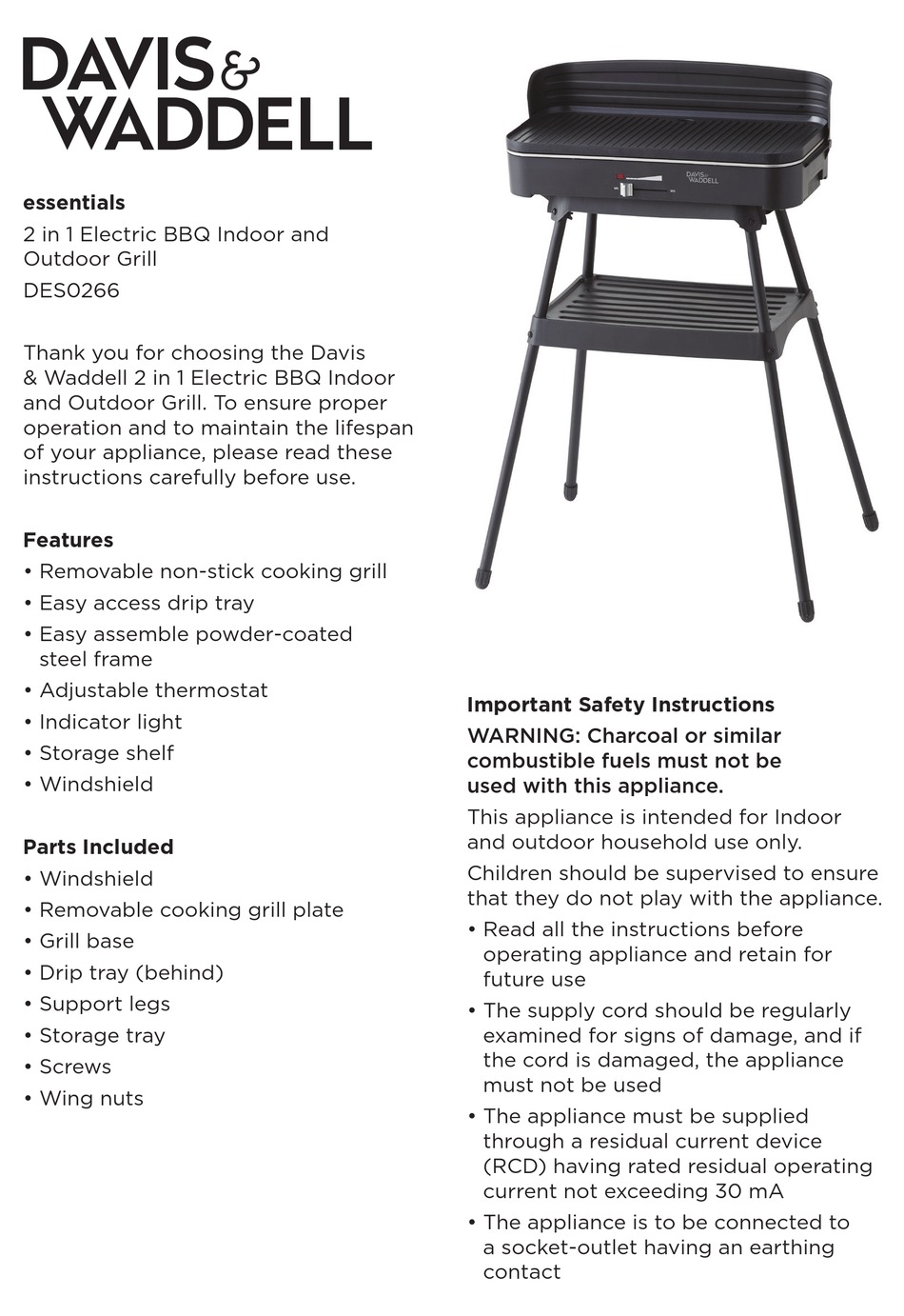 DAVIS & WADDELL DES0266 GRILL IMPORTANT SAFETY INSTRUCTIONS ManualsLib