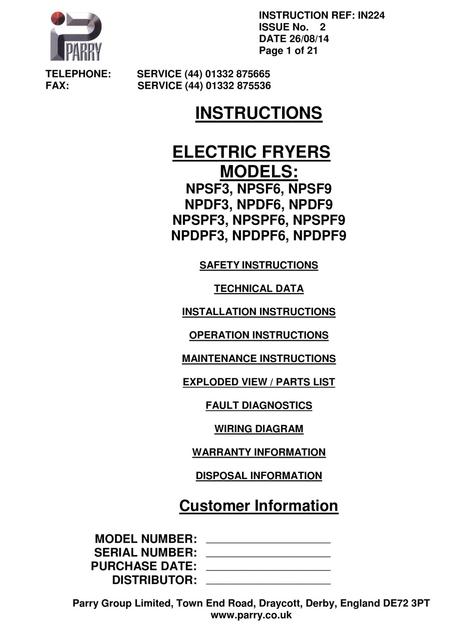 PARRY NPSF3 FRYER INSTRUCTIONS MANUAL ManualsLib