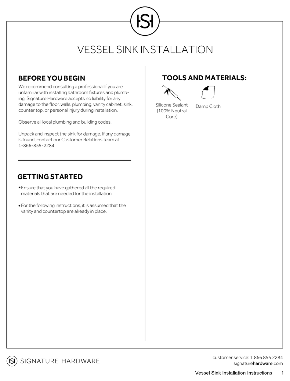 SIGNATURE HARDWARE VESSEL SINK INSTALLATION INSTRUCTIONS Pdf Download