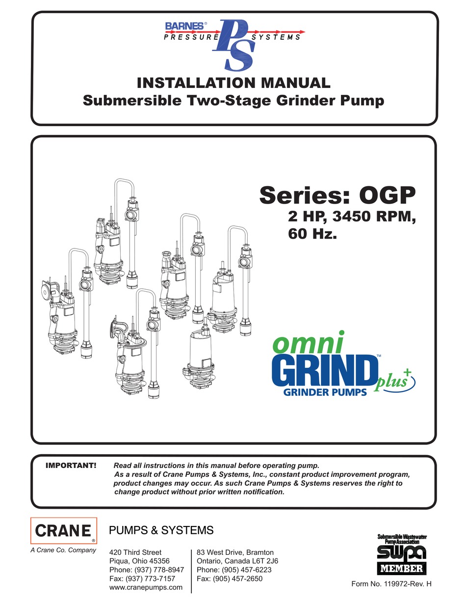 CRANE PUMPS & SYSTEMS OGP SERIES WATER PUMP INSTALLATION MANUAL