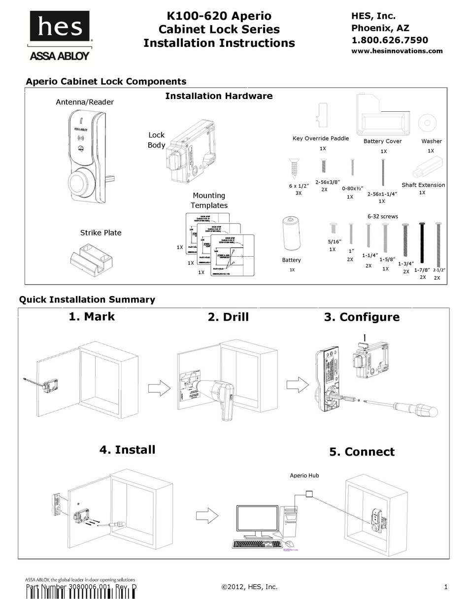 HES K100620 APERIO SERIES LOCK INSTALLATION INSTRUCTIONS MANUAL