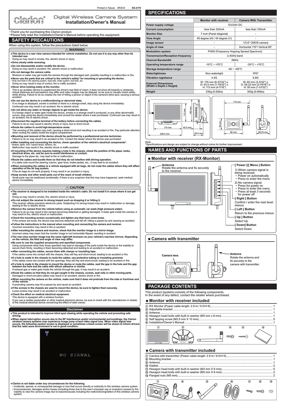 CLARION EE-2179 DIGITAL CAMERA INSTALLATION & OWNER'S MANUAL