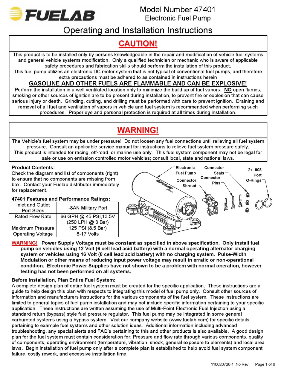 FUELAB 47401 WATER PUMP OPERATING AND INSTALLATION INSTRUCTIONS ManualsLib