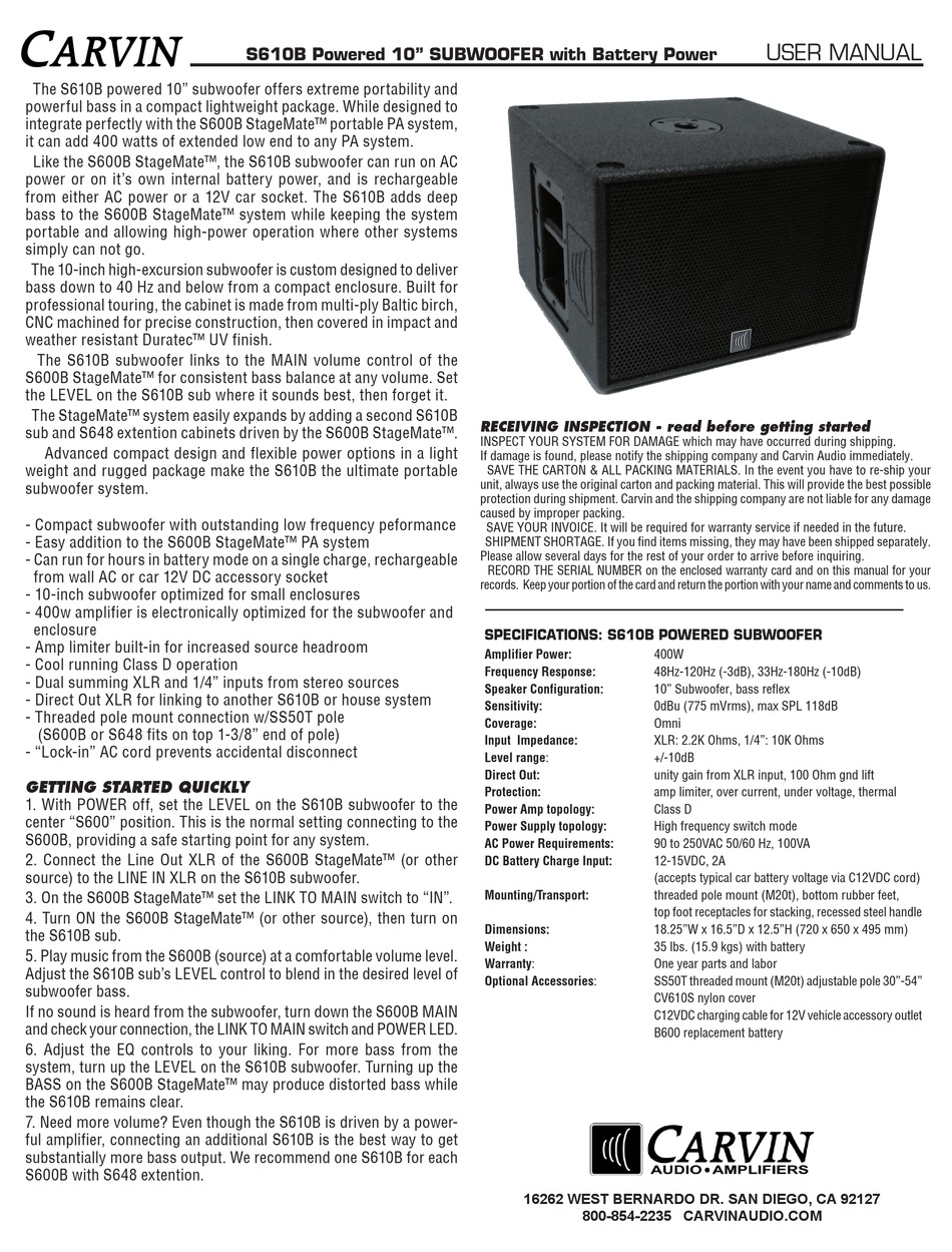 s610b battery powered 400w portable subwoofer