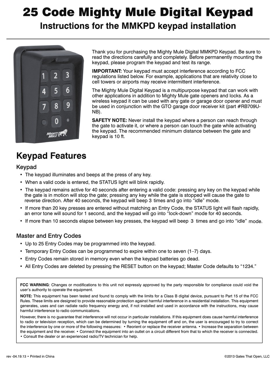 MIGHTY MULE MMKPD KEYPAD INSTRUCTION FOR THE INSTALLATION ManualsLib
