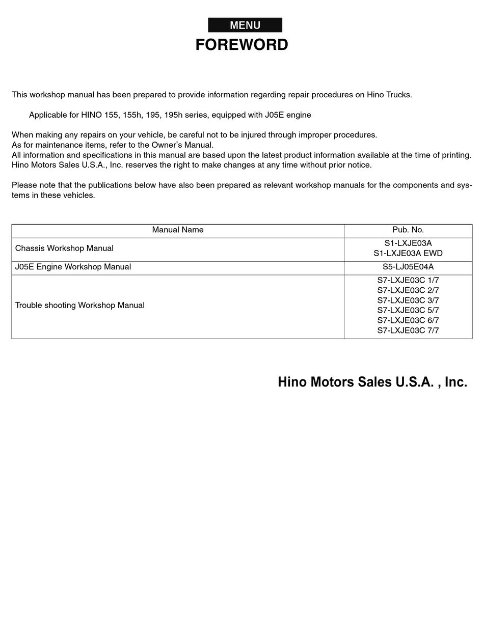 HINO SERIES 155 WORKSHOP MANUAL Pdf Download | ManualsLib