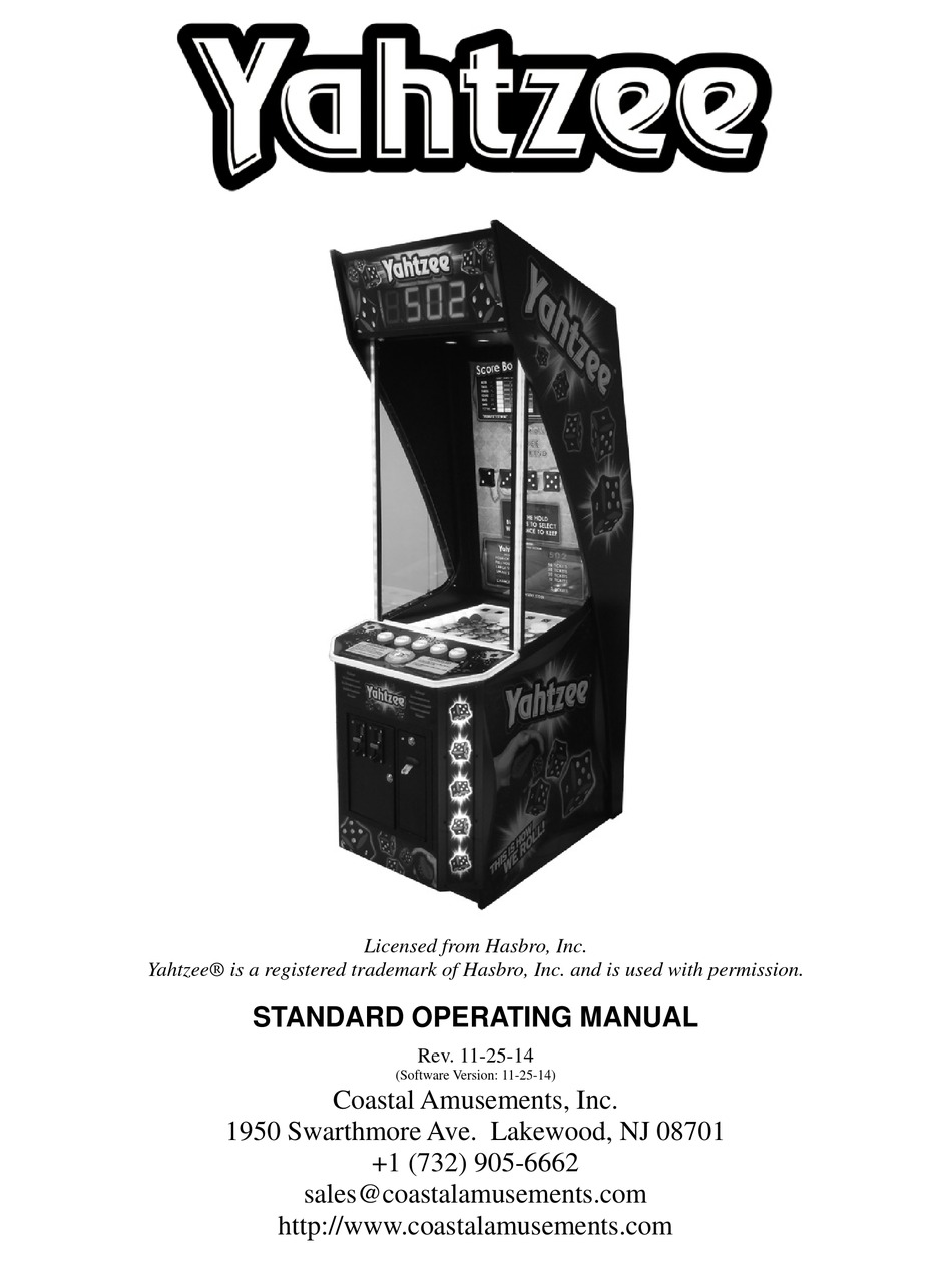 Coastal Amusements Yahtzee Standard Operating Manual Pdf Download Manualslib