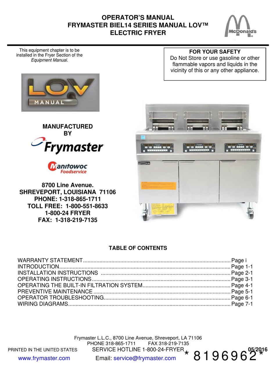 FRYMASTER LOV BIEL14 SERIES FRYER OPERATOR