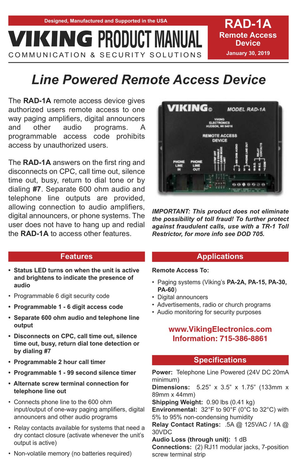 VIKING  RAD-AMP  AMPLIFIED REMOTE ACCESS DEVICE 
