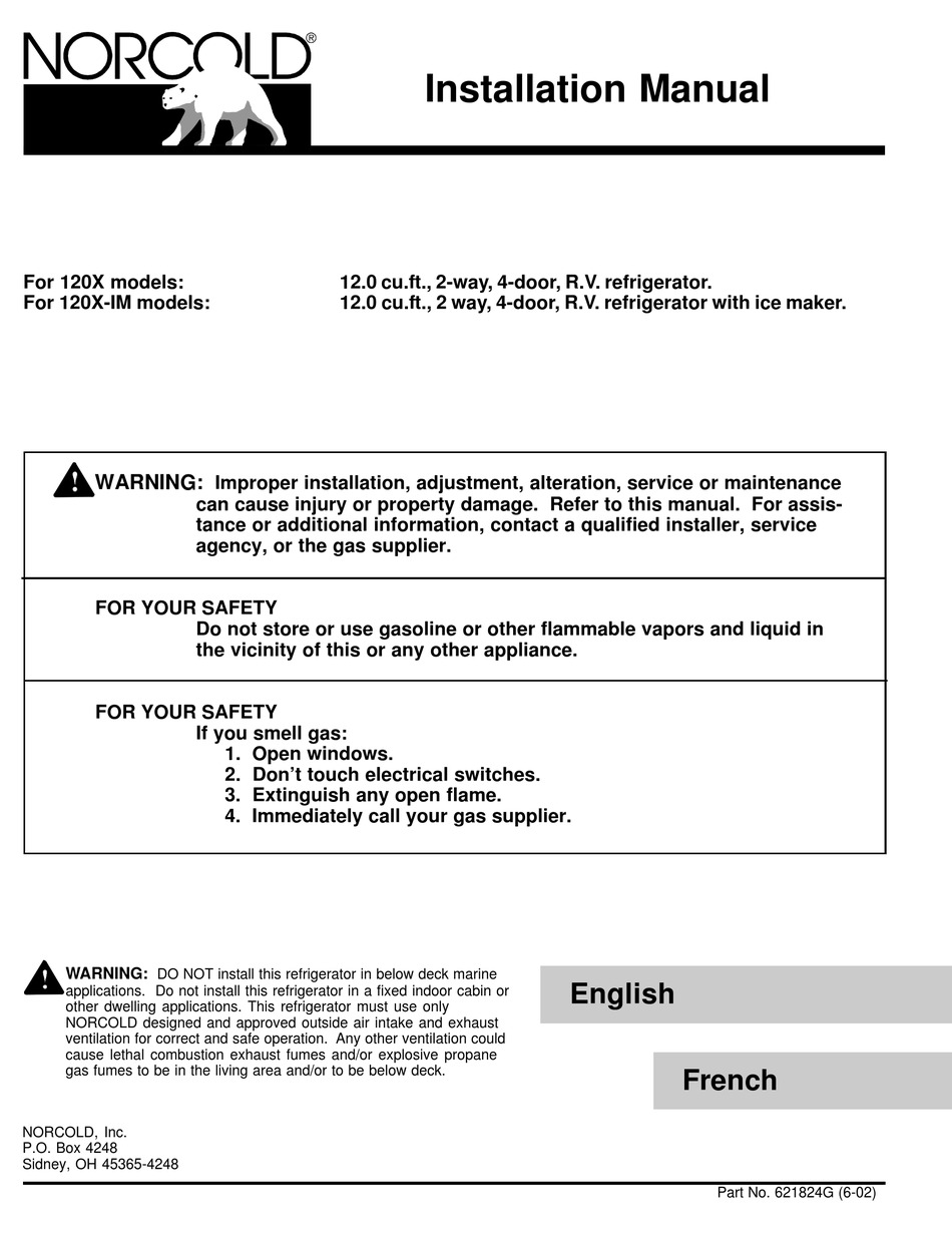 NORCOLD 120X REFRIGERATOR INSTALLATION MANUAL ManualsLib
