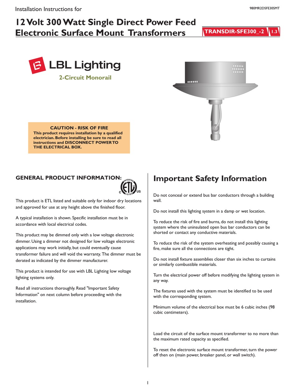 LBL LIGHTING TRANSDIRSFE300 TRANSFORMER INSTALLATION INSTRUCTIONS