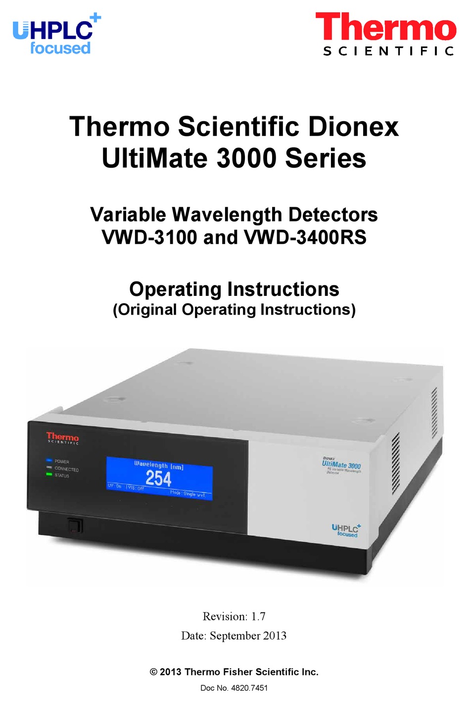 THERMO SCIENTIFIC DIONEX ULTIMATE 3000 SERIES SECURITY SENSOR OPERATING