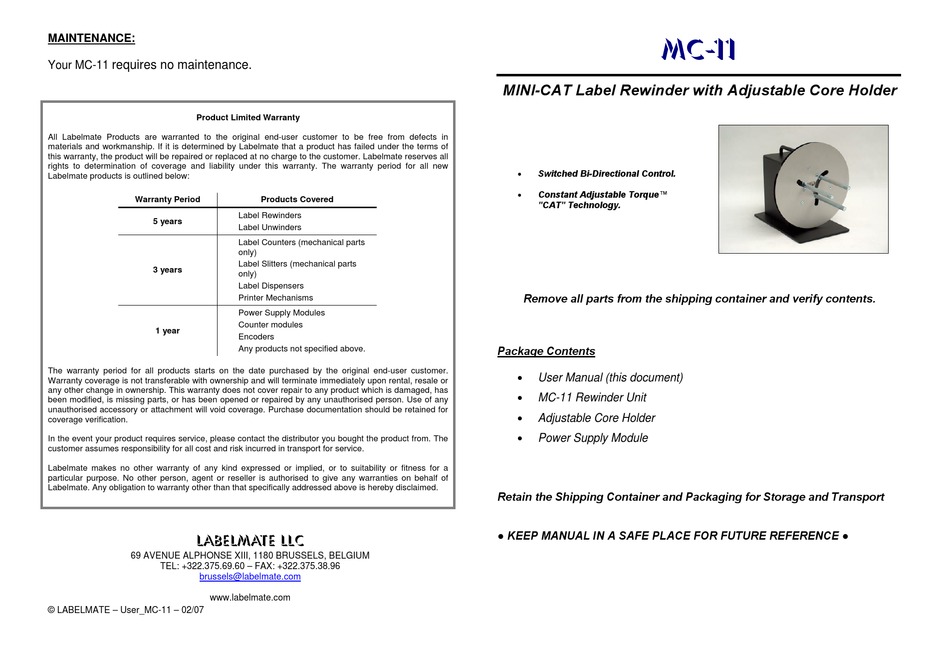 LABELMATE MC-11 USER MANUAL Pdf Download | ManualsLib