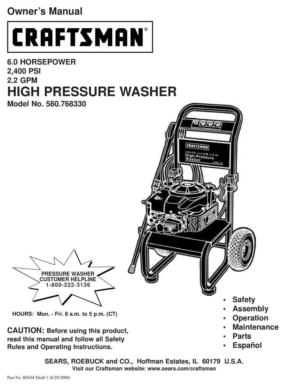 CRAFTSMAN 580.768330 PRESSURE WASHER OWNER