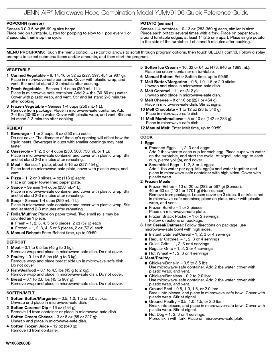JENNAIR YJMV9196 MICROWAVE OVEN QUICK REFERENCE MANUAL ManualsLib