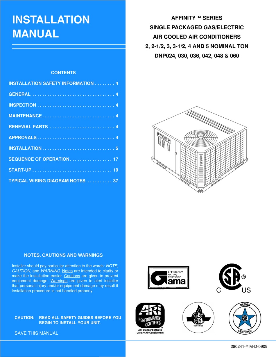 YORK AFFINITY SERIES AIR CONDITIONER INSTALLATION MANUAL ManualsLib