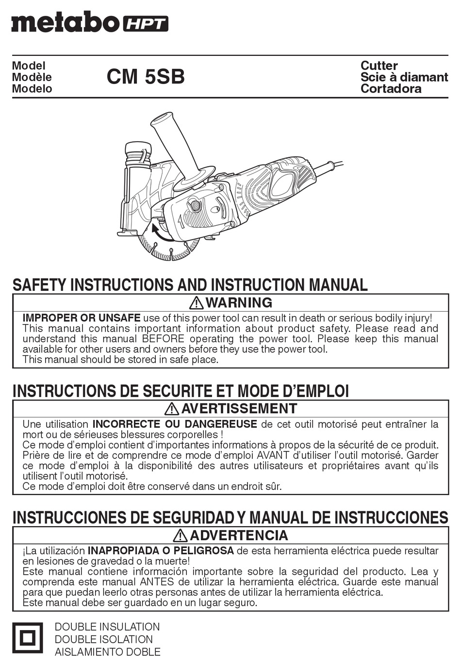 METABO HPT CM 5 SB CUTTER SAFETY INSTRUCTIONS AND INSTRUCTION MANUAL