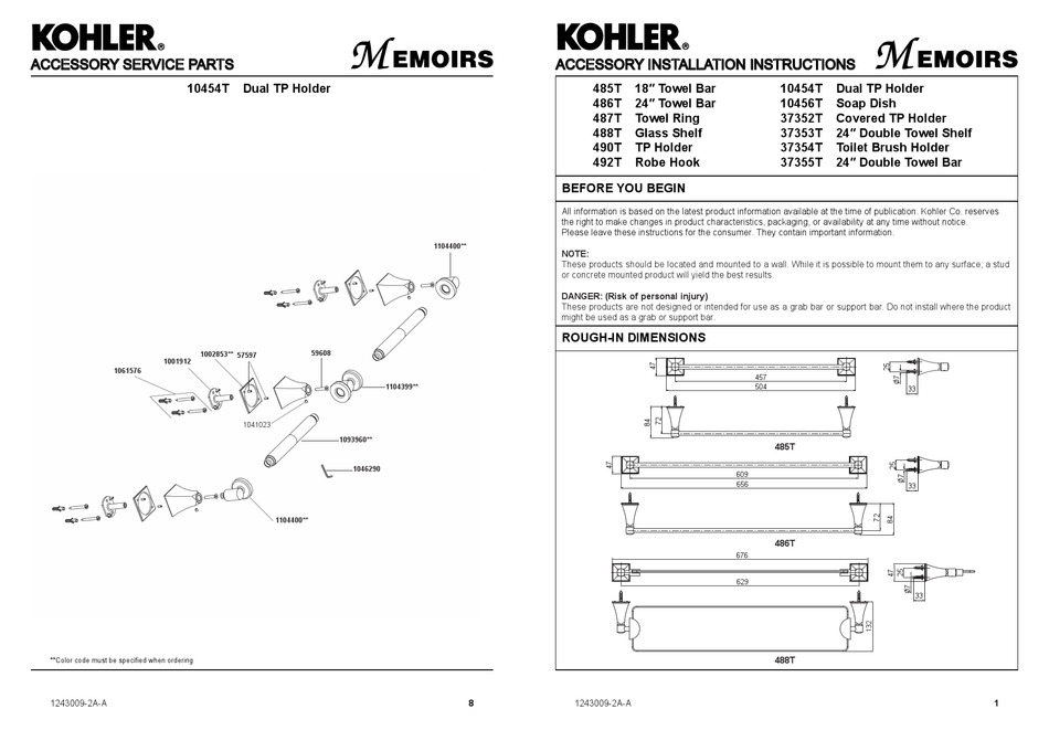 KOHLER MEMOIRS 485T INDOOR FURNISHING INSTALLATION INSTRUCTIONS