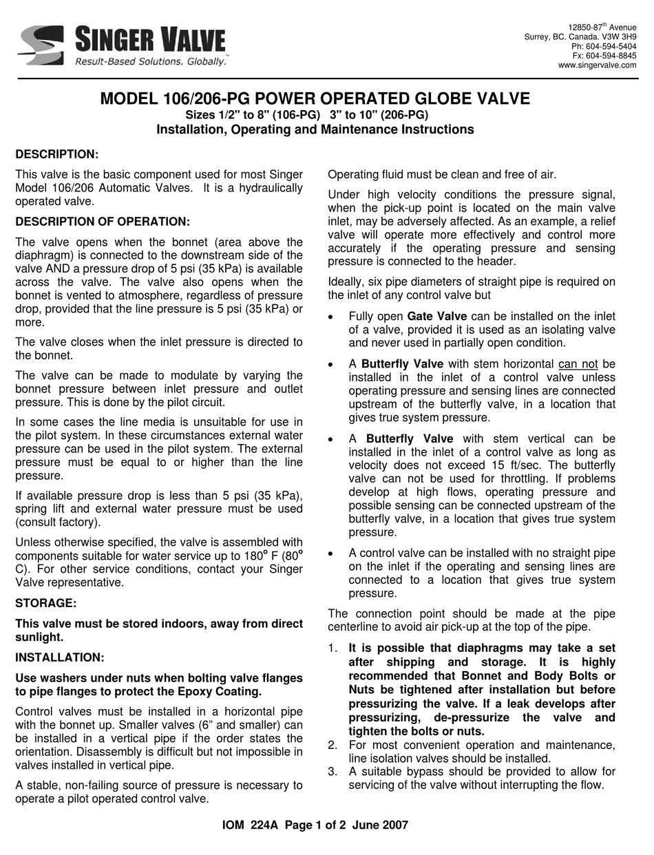 SINGER VALVE 106PG INSTALLATION, OPERATING AND MAINTENANCE INSTRUCTION