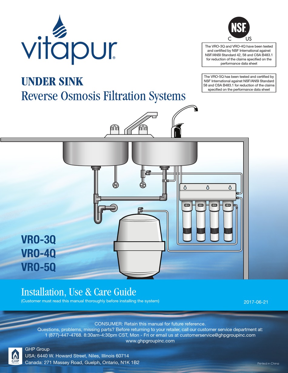 VITAPUR VRO3Q WATER FILTRATION SYSTEM INSTALLATION, USE & CARE MANUAL
