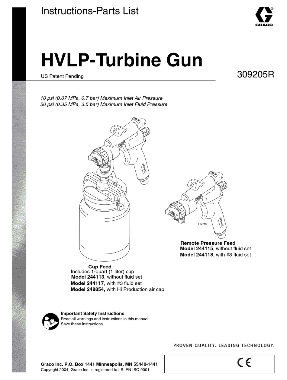 GRACO HVLP-TURBINE GUN PAINT SPRAYER INSTRUCTIONS-PARTS LIST MANUAL ...