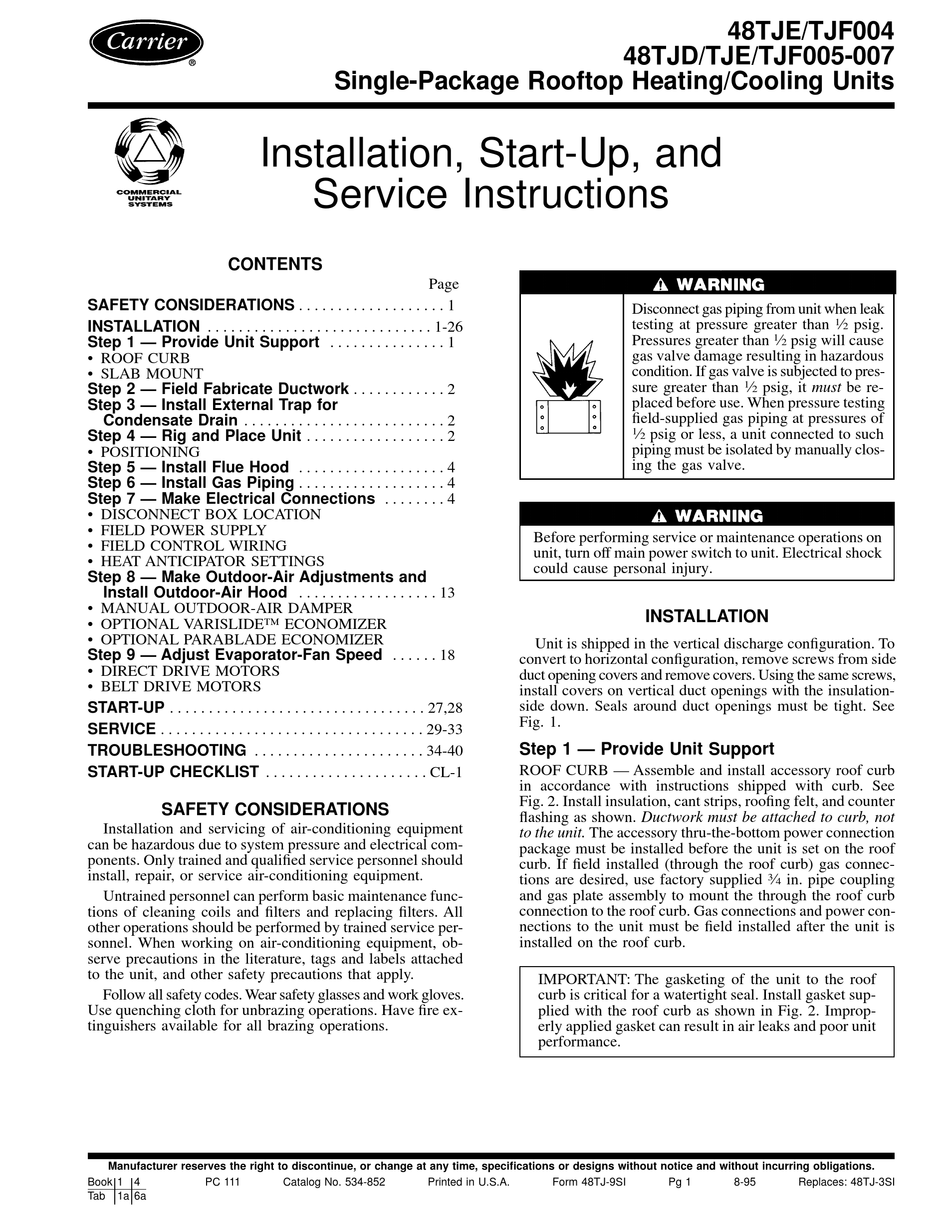 CARRIER 48TF004-007 INSTALLATION, START-UP AND SERVICE