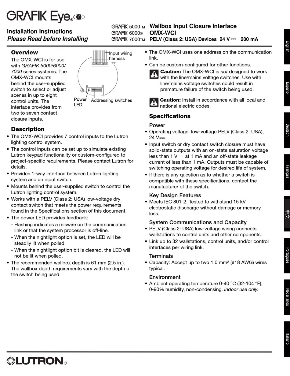 LUTRON ELECTRONICS GRAFIK EYE CONTROL SYSTEM INSTALLATION INSTRUCTIONS