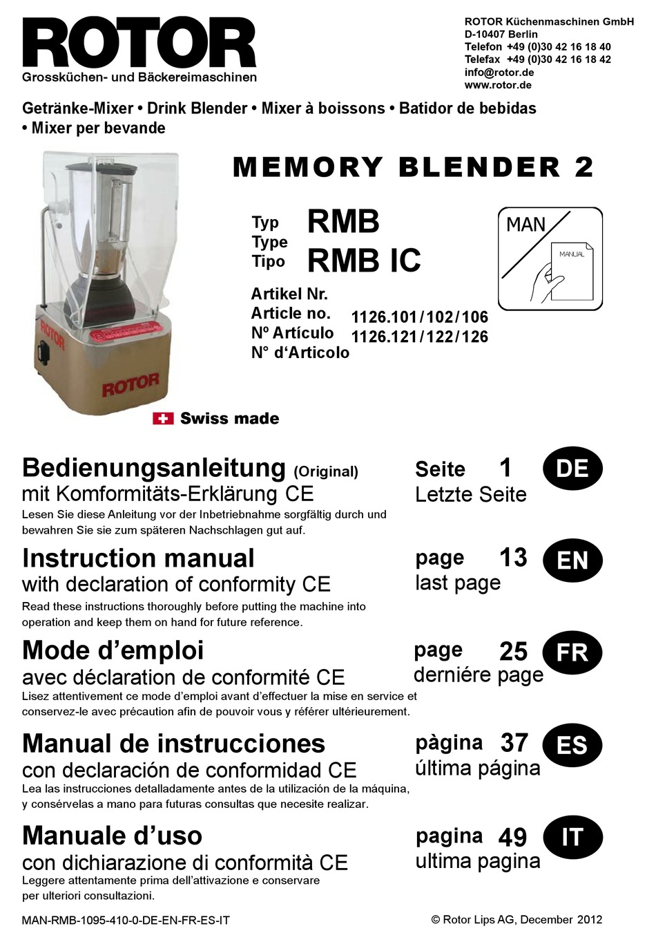 ROTOR MEMORY BLENDER 2 RMB BLENDER INSTRUCTION MANUAL ManualsLib