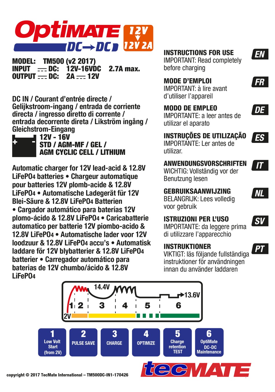 OptiMATE TM-500: DC to DC 12v Lead Acid & LiFePO4 Battery Charger